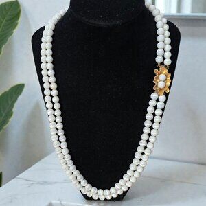 Vintage ART Double-Strand White Moonstone Bead Necklace Floral Clasp Crystal MCM